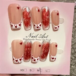 Handmade Press-On Nail Set — Nude, White & Red Heart Accent